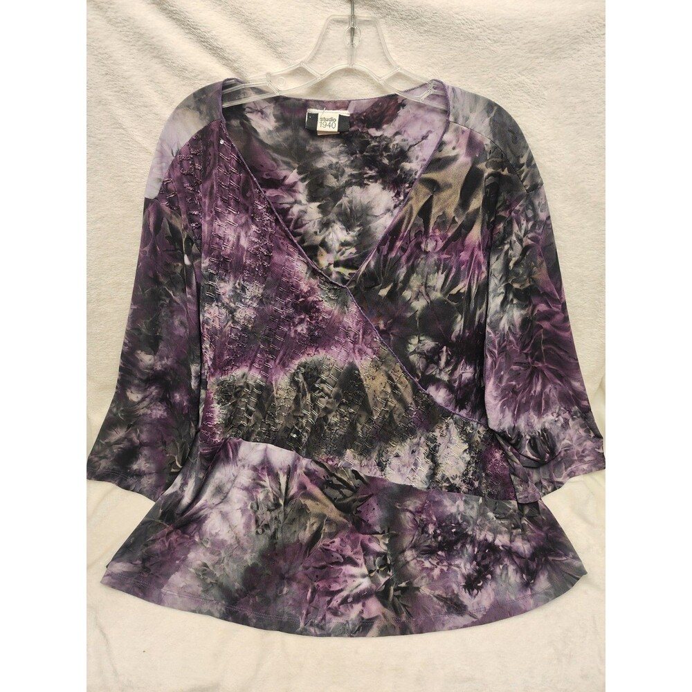 Studio 1940 Top Blouse Purple Textured Tie Dye Sequin Women 30/32